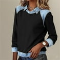thumbnail image 6 of Women's Denim Patchwork Lapel Pullover, Casual Contrast Stitching Sweatshirt, Comfortable Knit Blouse, Fashion Collar Shirt, Streetwear Style Tops Black XXXL, 6 of 8
