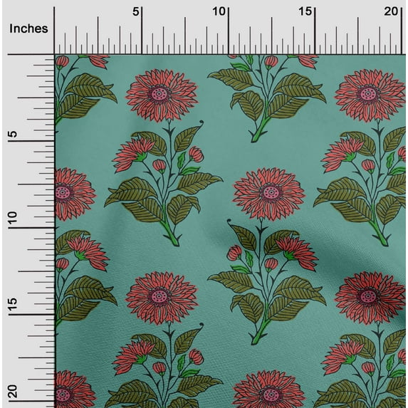 oneOone Cotton Poplin Twill Dusty Teal Green Fabric Floral Block Fabric For Sewing Print Craft Fabric By The Yard 56 Inches Wide