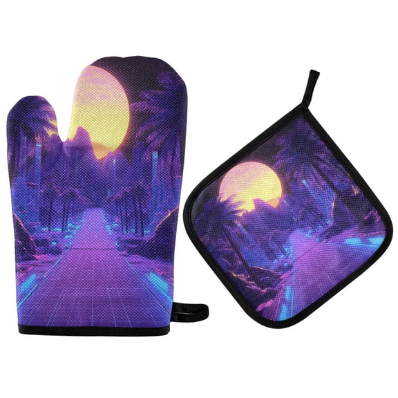 Yayeee Oven Mitts and Pot Holder Set of 2 Heat Resistant Kitchen Gloves Baking Hot Pad, Blue Road