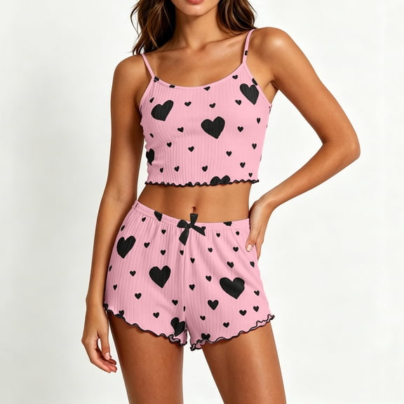 Sakmal Hearts Pajama Set for Women Plus Size Stretchy Tank Top and Shorts Sleepwear Set ,Pink,L