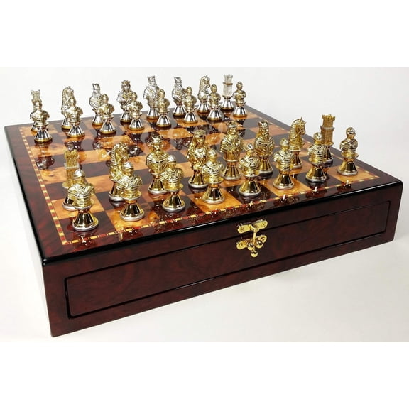METAL Medieval Times Crusades Gold Silver Busts Chess Set Cherry Color Storage B