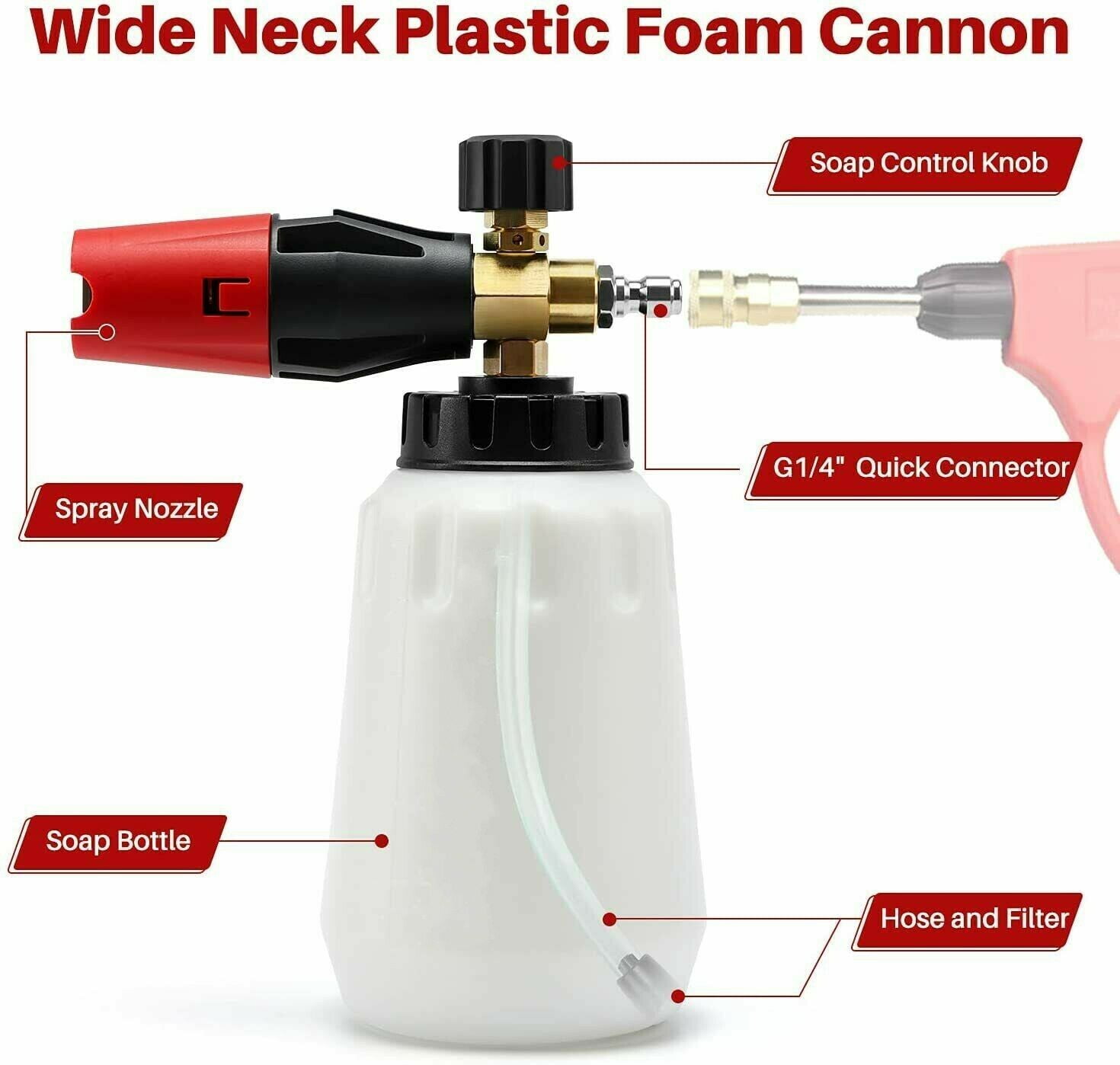 PVUEL 1/4" Car Pressure Snow Foam Washer Gun Washer Soap Lance Cannon Spray Jet Bottle Black