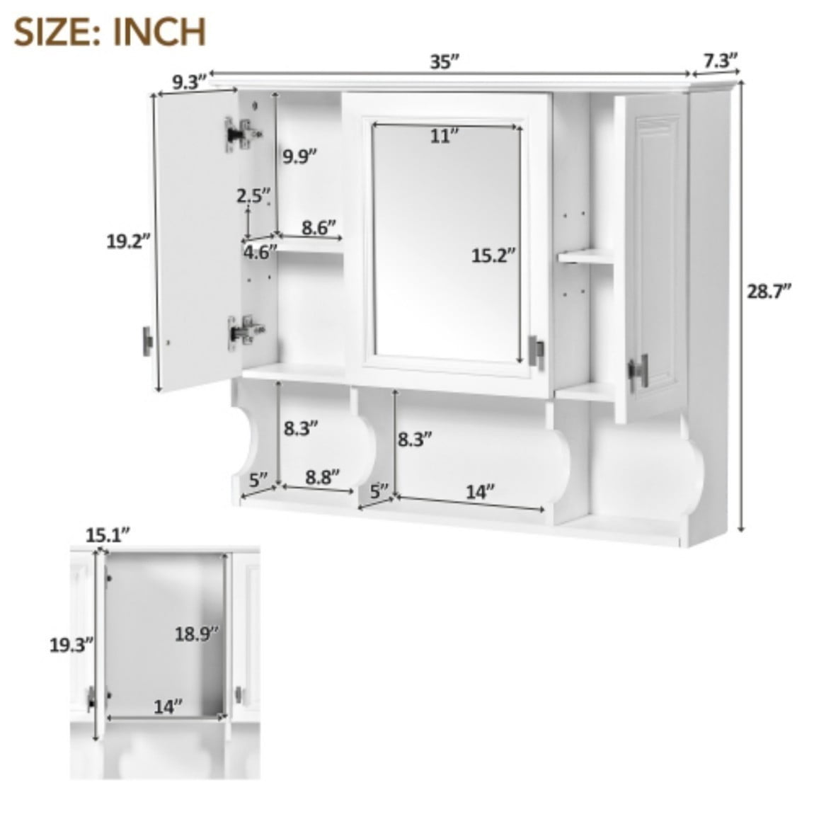 35" x 28"Bathroom Mirror Cabinet, Wall Mounted Medicine Cabinet with Adjustable Shelves, Modern Bathroom Wall Cabinet with Open Storage Shelves, 3 Door Mirrored Storage Cabinet, White