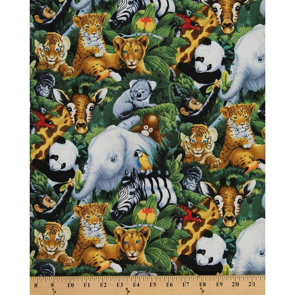 Cotton A Rare Occasion Baby Safari Jungle Animals Elephant Cub Koala Gorilla Parrot Panda Zebra Giraffe Cotton Fabric Print by the Yard (AL-2016-3C)