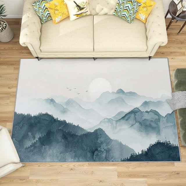 6x8 Rug, Japanese Mountain Rug, Asian Style Rugs for Living Room Bedroom, Oriental Ink Painting Carpet, Washable & Non Slip & Soft Low Pile Large Indoor Area Rug, Mountain Home Decor & Gifts