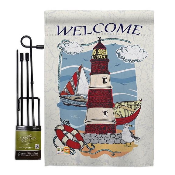 Breeze Decor BD-BN-GS-106063-IP-BO-D-US12-BD 13 x 18.5 in. Lighthouse Shore Coastal Beach Impressions Decorative Vertical Double Sided Garden Flag Set with Banner Pole
