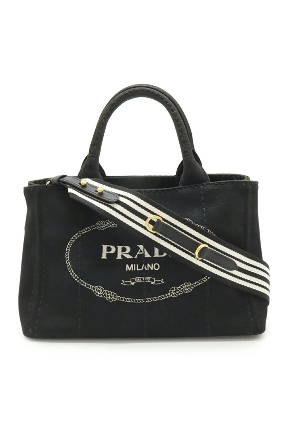 Pre-Owned PRADA CANAPA Tote Bag, Shoulder Striped Canvas, NERO, Black, Purchased at a Japanese...