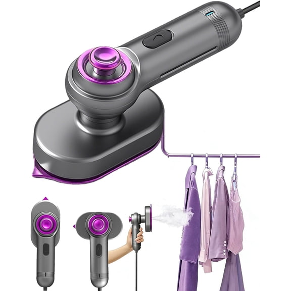 Mini Steam Iron for Clothes - 2 in 1 Iron Steamer with Powerful Continuous Steam for Fast Wrinkle Remover, Portable Handheld Garment Steamer with 90° Rotatable Head, for Home Office Travel (Purple)