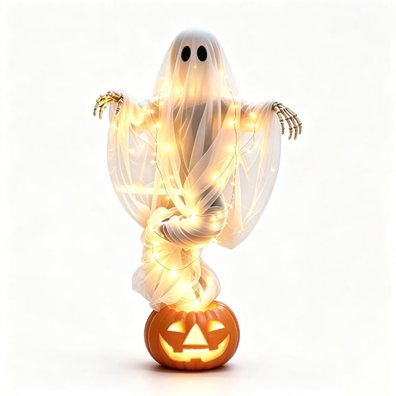 51Inch Swirling Ghost Pumpkin Yard Lamp - LED Light Up Floating Gauzy Ghost with Skeleton Hands - Glowing Spiral Ghost Pumpkin Outdoor Halloween Decor for Porch, Patio, Lawn