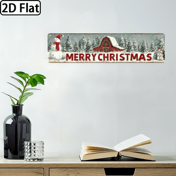 Ullo0ord 2D Flat, 1pc Vintage Christmas Metal Sign Rustic Red White Snow House, Pine Trees Merry Christmas Text Heavy Duty Indoor Outdoor Decoration Large 4x16 Inches Farmhouse, Cabin, Home Decor