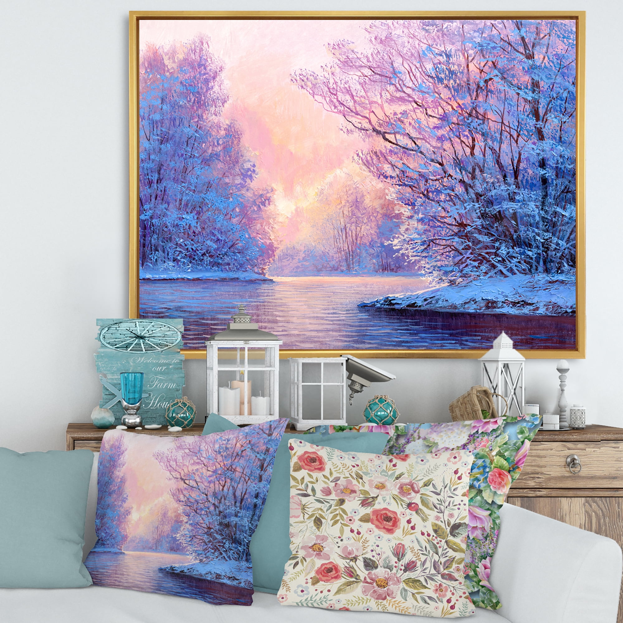 Designart 'The River Original With Winter Landscape' Lake House Framed Canvas Wall Art Print