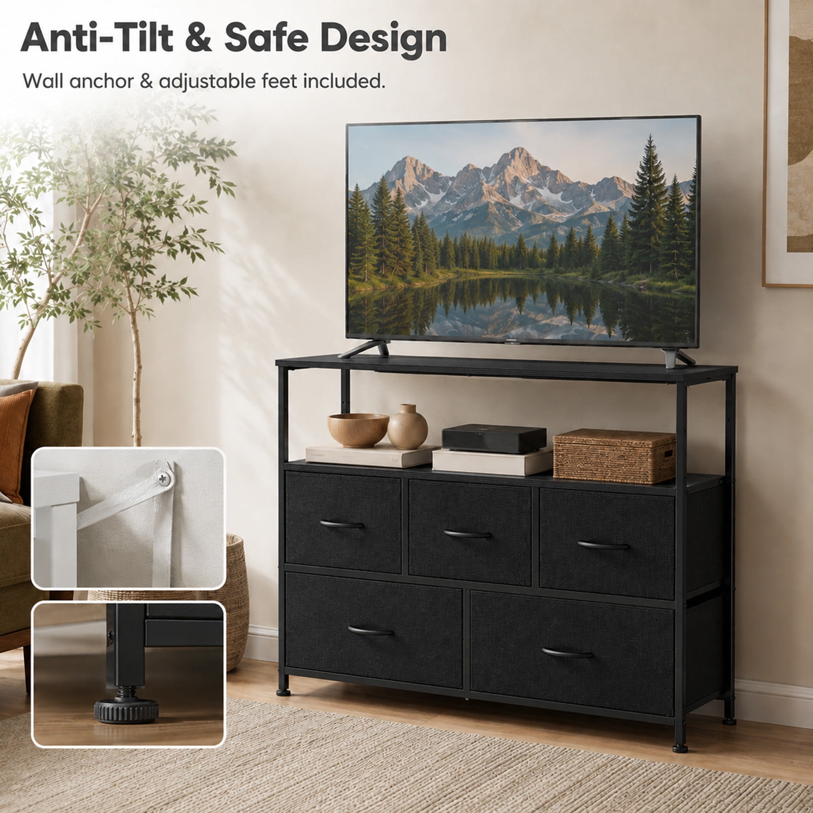 Alvantor Tall Fabric Dresser, TV Stand Media Console, 5 Drawer Storage Tower with Wooden Top for Bedroom, Entryway, Nursery