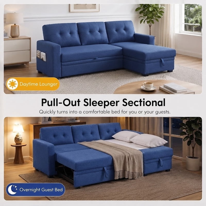82" L-Shaped Convertible Sleeper Sectional Sofa with Pull-Out Bed, Storage Chaise, Removable Back Cushions, Modular Corner Couch for Living Room, Apartment, Home Office