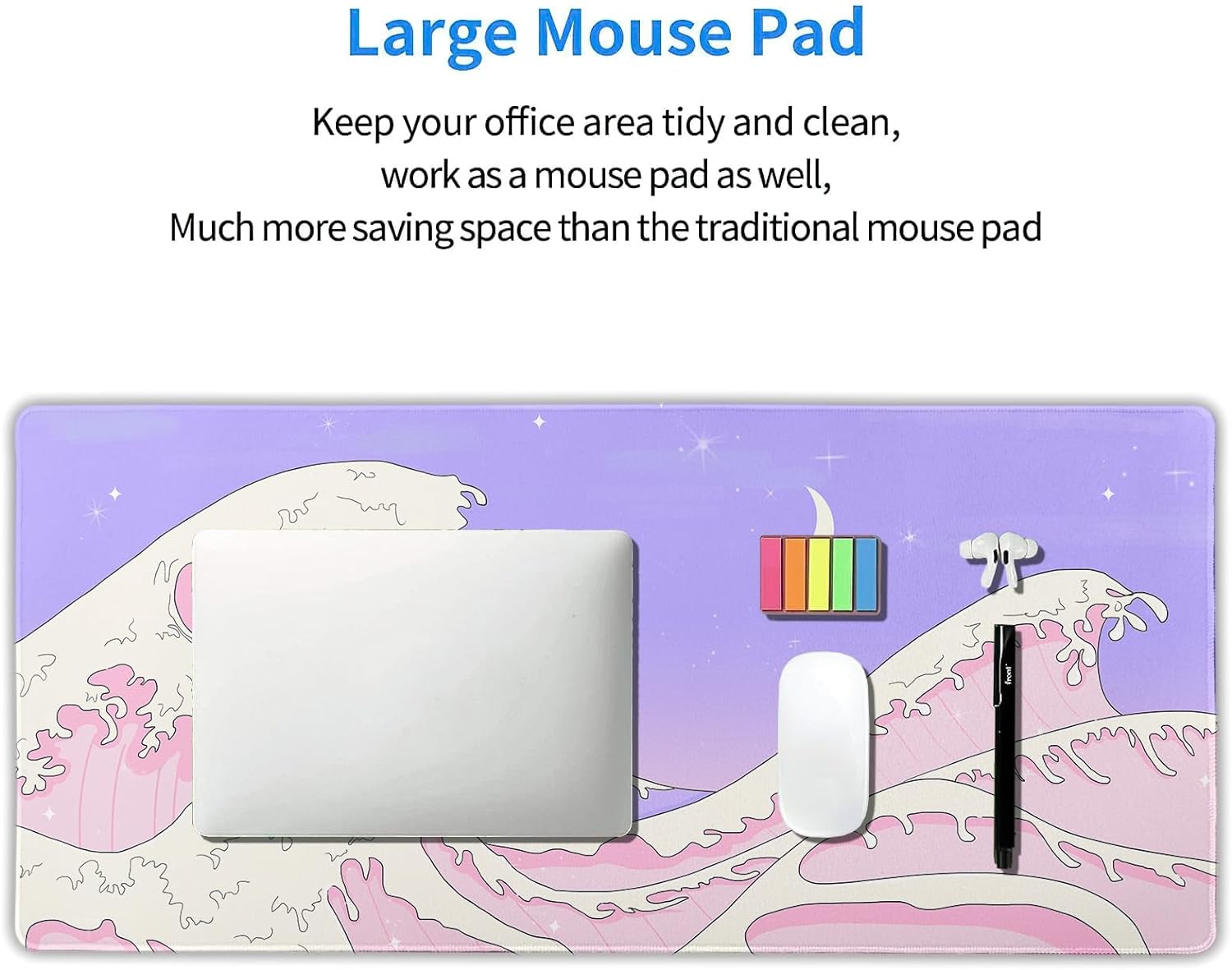 Pink Purple Japanese Anime Gaming Mouse Pad XXL Cute Kawaii Aesthetic Sea Wave Extended Large Desk Mat Non-Slip Rubber Base Stitched Edge Long Keyboard Mousepad for PC Computer Laptop,35.4×15.7 in