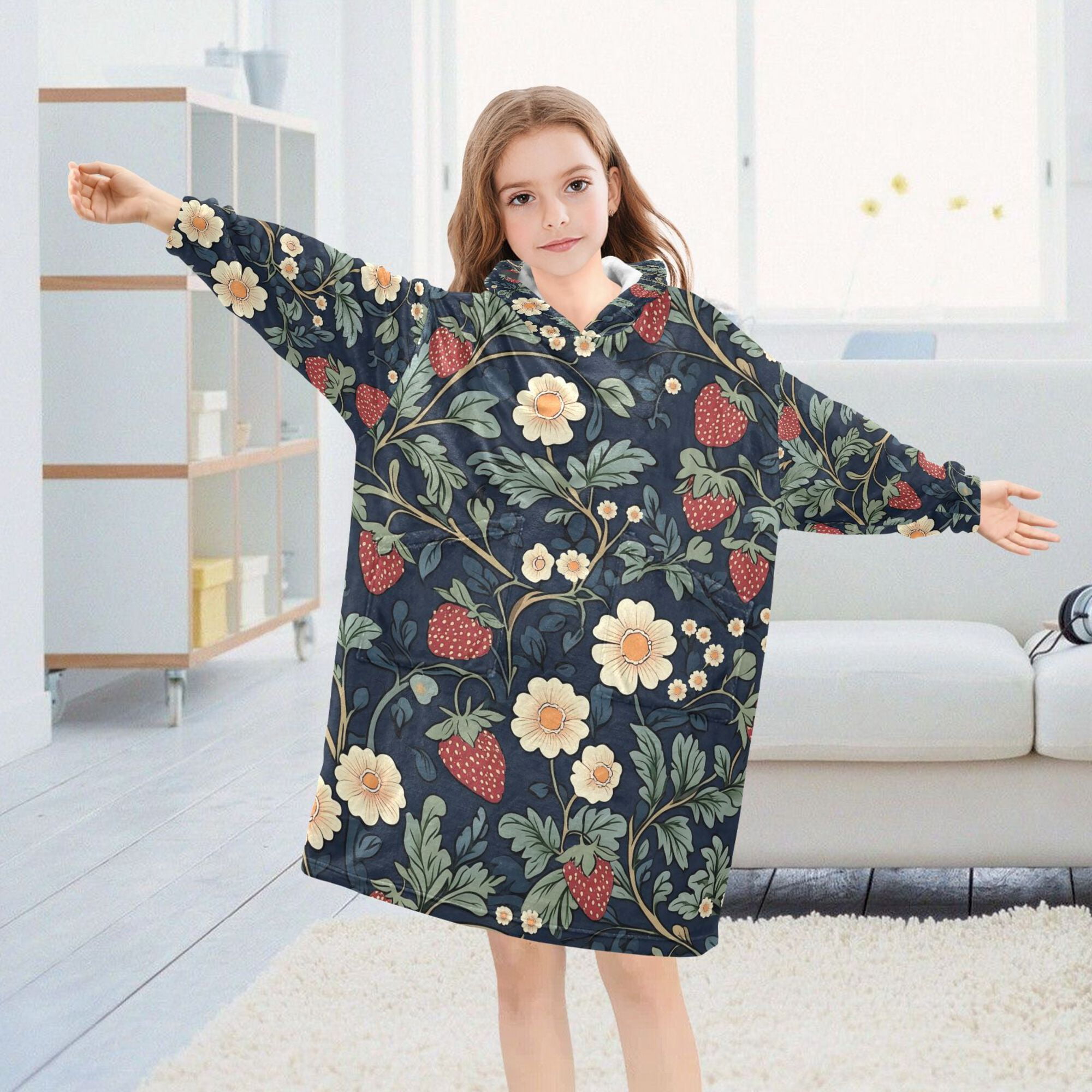 FORMRS Wearable Blanket Hoodie with Sleeves for Kids Cozy Flannel Sweatshirt, Floral Raspberry Pattern