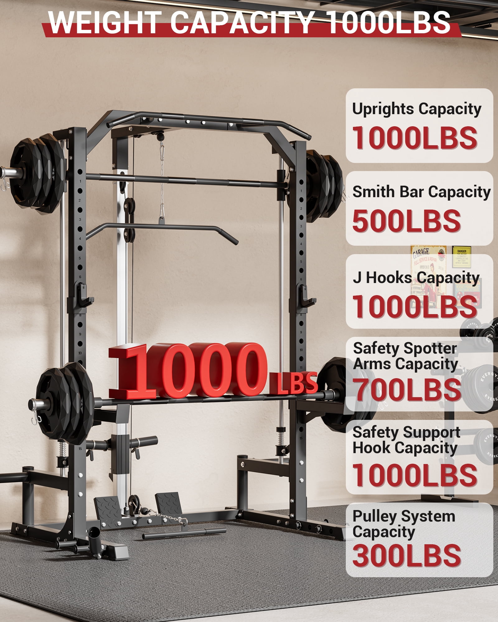 GARVEE Smith Machine with Barbell Bar,Cable System,Lat Pulldown Attachments,J Hooks, Landmine,Safety Spotter Arms,Multi-Functional Squat Rack for Home Gym