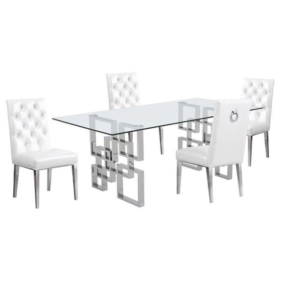 Rectangular Clear Glass 5pc Dining Set with Silver Stainless Steel Base