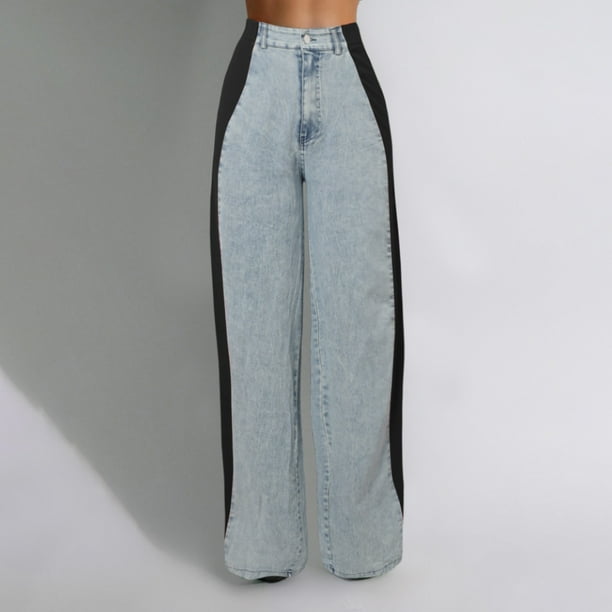 WILLBEST Pantalones Casuales para Mujer, Vaqueros elegantes con Rayas de Patchwork, Cintura Alta, Corte Holgado, Vaqueros con Bloques de Color, Pantalones Rectos de Pierna Ancha Extra Grande