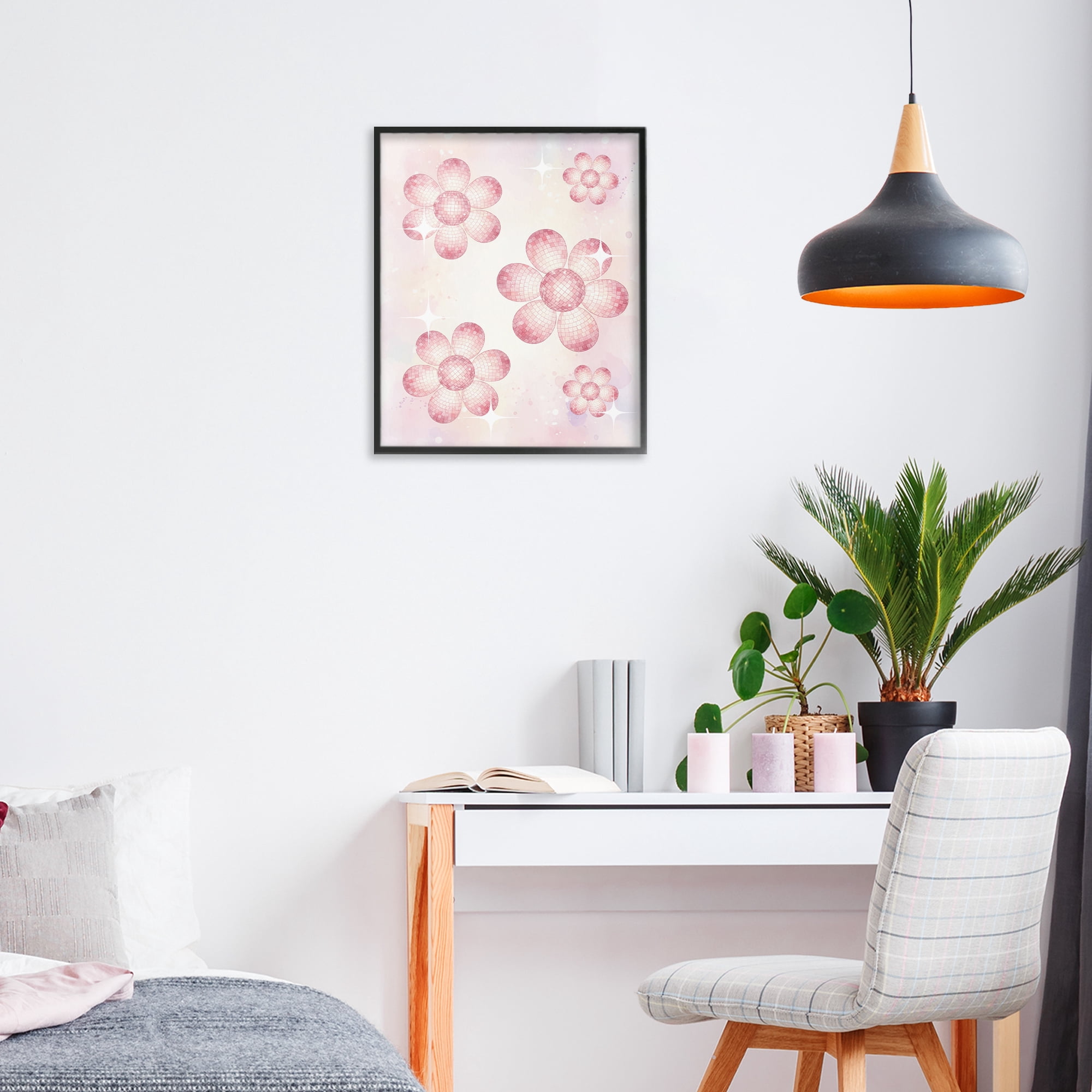 Stupell Industries Disco Ball Floral Patterns Black Framed Giclee Art, design by Lil' Rue