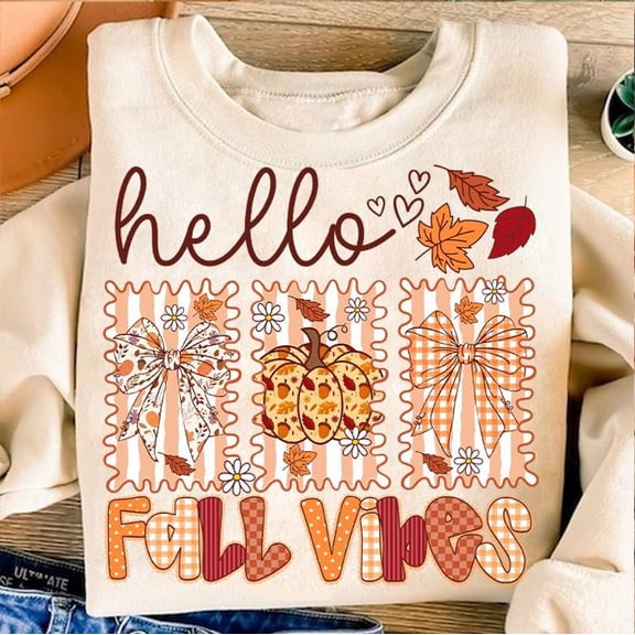 Preppy Hello Fall Vibes Coquette Bow T-Shirt, Fall Sublimation T-Shirt, Fall pumpkin T-Shirt, Autumn Season T-Shirt, Retro fall T-Shirt, Cozy Season T-Shirt