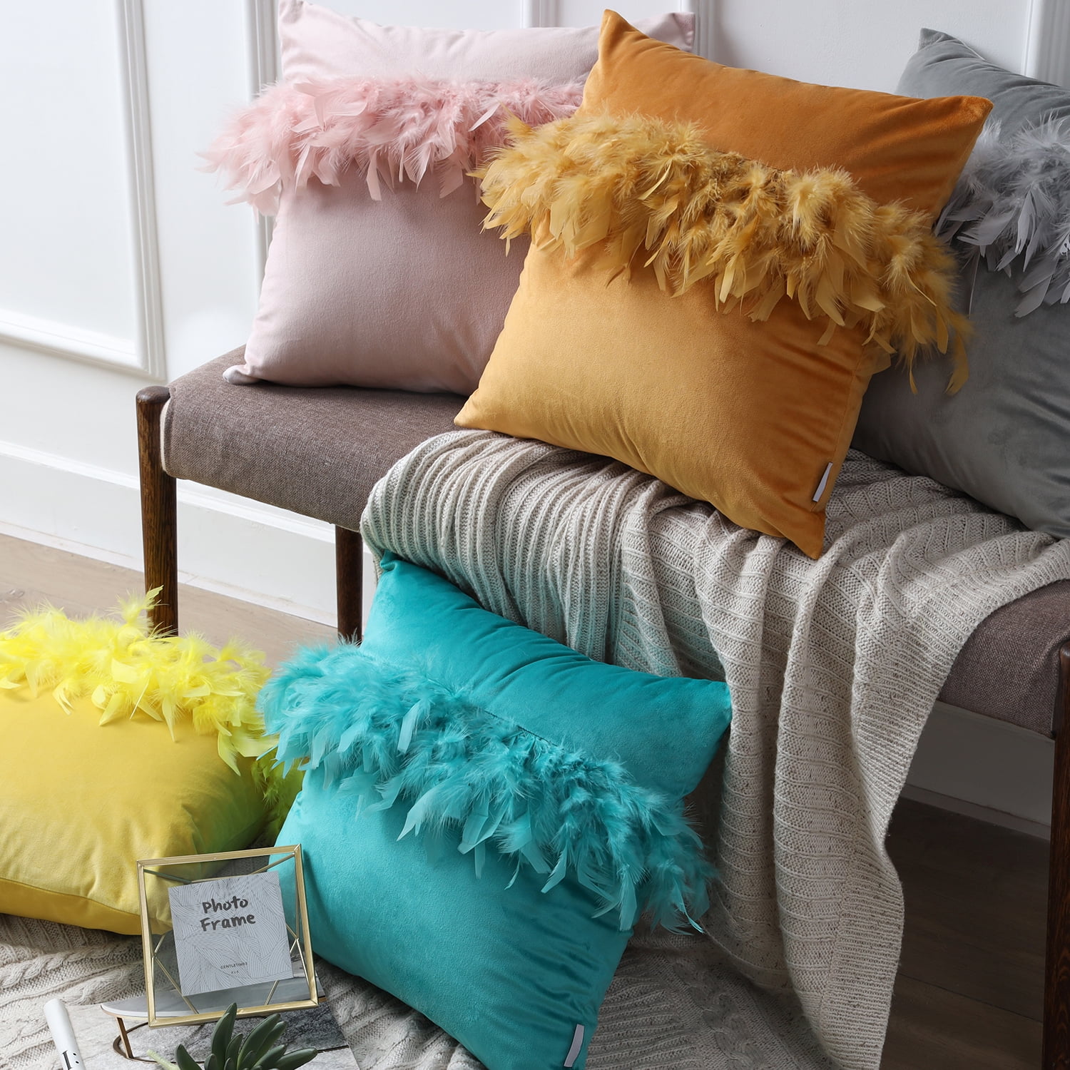 Soft Feather Velvet Modern Cushion, Decorative Couch Pillow, 18" x 18", Light Pink, 2 Pack