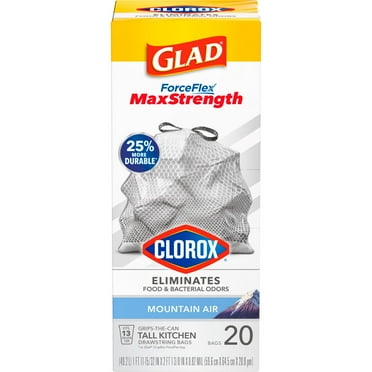 2X - Glad ForceFlex MaxStrength Tall Kitchen Drawstring Trash Bags with Clorox, 13 Gallon - Mountain Air Scent 20 ct