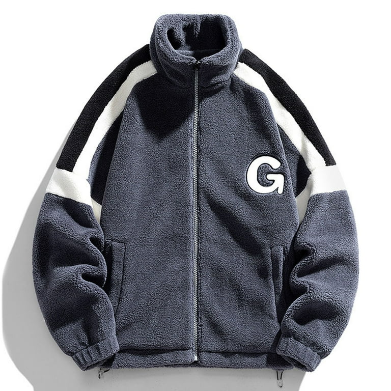 Mens Jacket Coat Patch Teddy Fleece With Stand Up Sweat With Zip