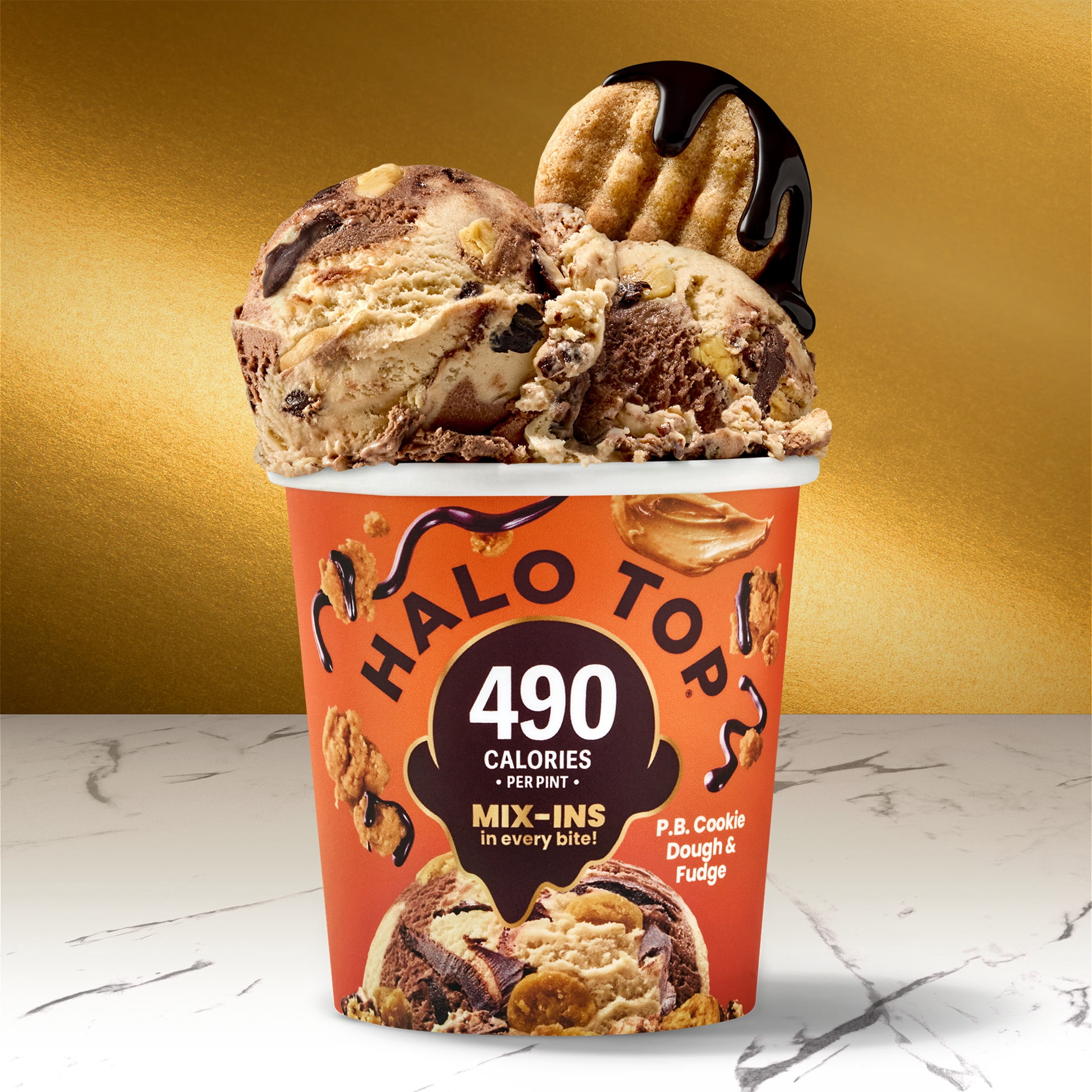 Halo Top Peanut Butter Cookie Dough and Fudge Light Ice Cream, Lower Calorie Frozen Dessert Pint, 16 fl oz