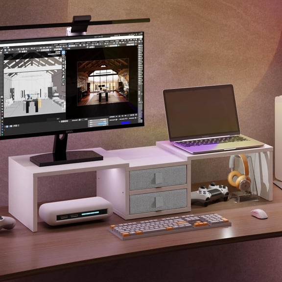 Dual Monitor Stand Riser with 2 Drawers - Length and Angle Adjustable White Monitor Stand with Storage Large Computer Riser for 2 Monitors/Laptop/PC, Wood Screen/TV Stand Desk Organizer