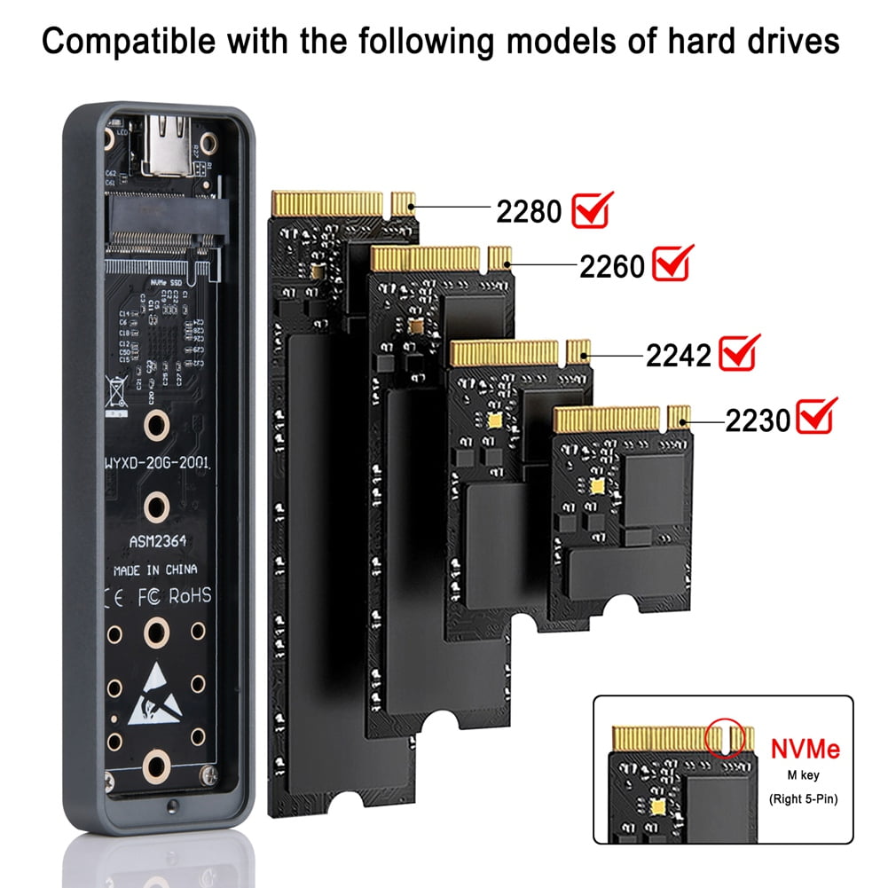 M.2 NVMe SSD Enclosure USB3.2 20Gbps Type-C SSD Enclosure for 2230/2242/2260/2280 NVME SSD M Key External Case Box,1 x 20Gbps M.2 NVMe Case 1 x TYPE-C to TYPE-C Cable,Gray
