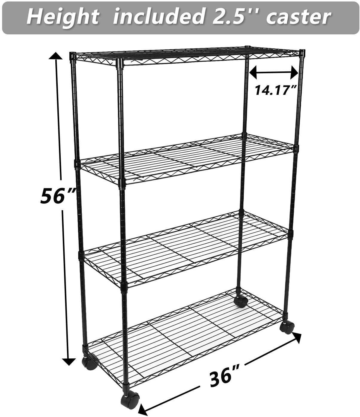 4-Shelf Wire Shelving Unit with Wheel and Adjustable Feet, 36''(L) x14''(W) x54''(H),Black