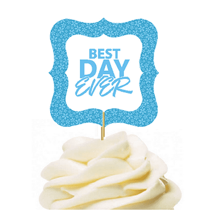 12pack Best Day Ever Bright Blue Flower Cupcake Desert Appetizer Food Picks for Weddings, Birthdays, Baby Showers, Events &