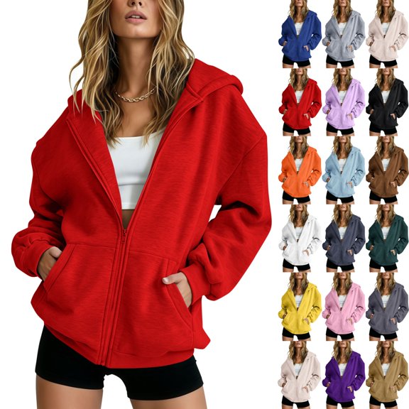 BFRGSIJ Full Zip Up Hoodie for Women Drawstring Hooded Sweatshirt Lightweight Casual Fall Winter Jacket with Pocket S