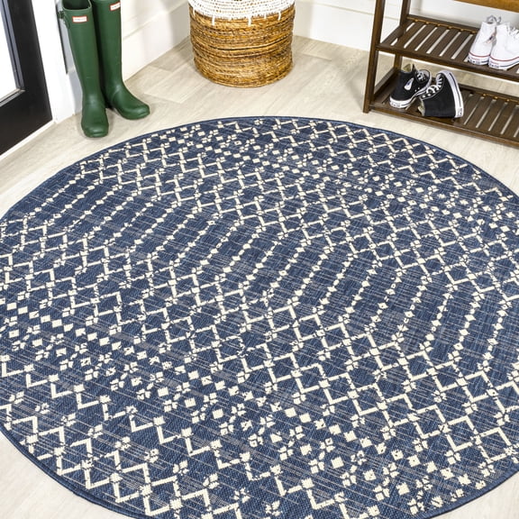 JONATHAN Y SANTA MONICA 5' Round Area Rug, Ourika Moroccan Geometric Textured Weave - Navy/Beige, SMB108K-5R