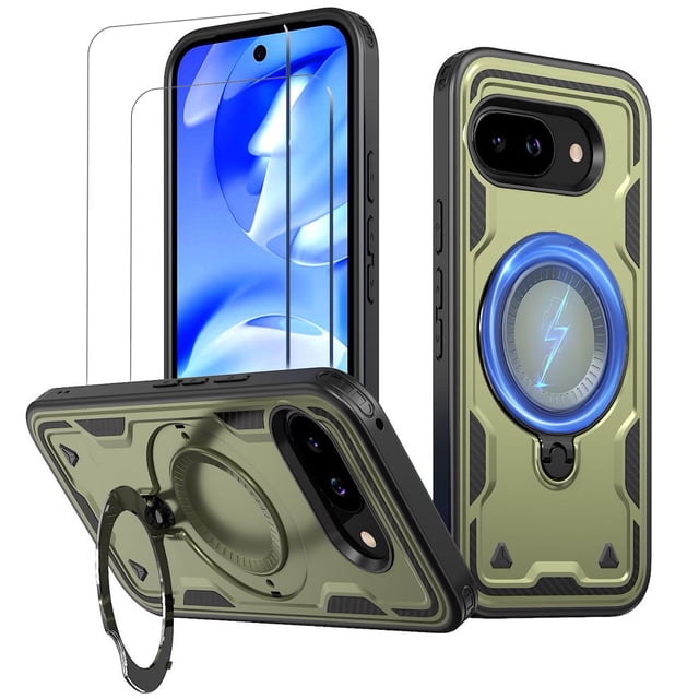 for Google Pixel 9A Case,Compatible with MagSafe,2 Pack Glass Screen Protector,Built-in KickStand Grip Ring,Heavy Duty Military Grade Shockproof Rugged Phone Cover For Pixel 9A 6.3"(Green)