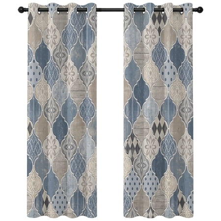 Blue Moroccan Shield Blackout Curtains 84 Inches Long Modern Abstract Exotic Geometric Grey Checkered Thermal Insulated Room Darkening Drapes with Grommets for Living Room 52 W x 84 L 2 Panels