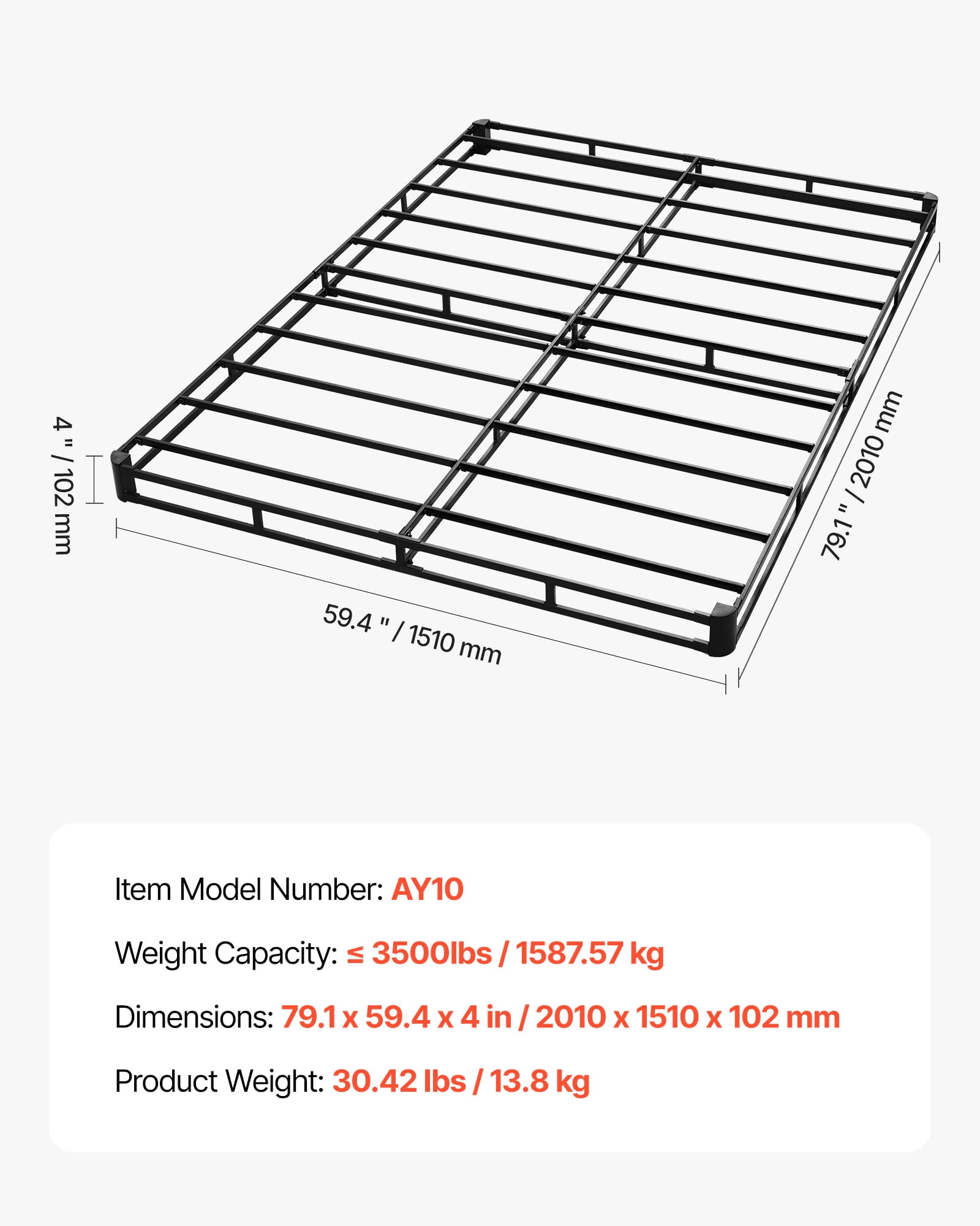 VEVOR Box Spring, Queen Size Bed Frame with Washable Fabric Cloth, Heavy Duty Metal Frame for Queen Bed, 4 in Mattress Foundation, 3500 lbs Max Weight Capacity, Easy Assembly,79.1 L x 59.4 W x 4 H in