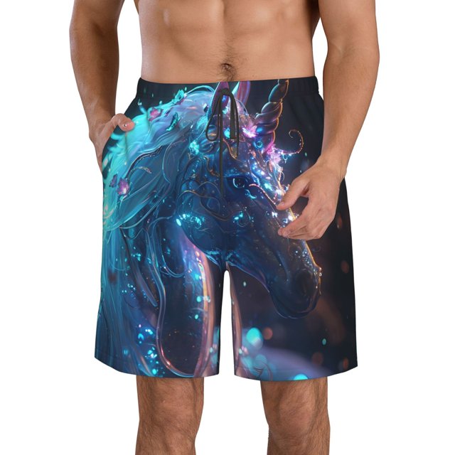 Balery Crystal Pattern White Horse Traje de Baño Estilo Hawaiano para Hombre, Shorts de Secado Rápido con Bolsillos-Large