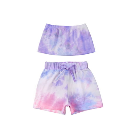 

Calsunbaby Summer Kid Girls Casual Outfit Tie Dye Sleeveless Strapless Tube Tops and Elastic Waist Drawstring Shorts 2Pcs