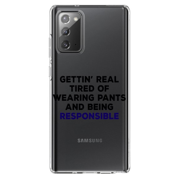 DistinctInk Clear Shockproof Hybrid Case for Samsung Galaxy Note 20 (6.7" Screen) - TPU Bumper Acrylic Back Tempered Glass Screen Protector - Getting' Tired of Pants & Being Responsible