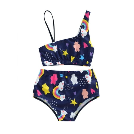 

Calsunbaby Summer Toddler Baby Girls Swimsuits Kids Rainbow Print Crop Tops with Briefs Bathing Suit Swimwear Dark Blue 2-3 Years