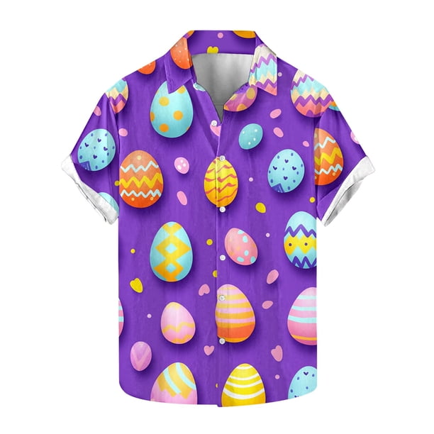 Blusas y camisas de manga corta con cuello en V Camisa estampada de Pascua para hombre Camisa abotonada Top de poliéster para hombre