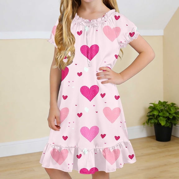 Cethrio Girls' Nightgowns Size 6, Loose Fit Casual Puff Sleeve Summer Kids Sleep Dresses Sleepwear Multicolor Size 6