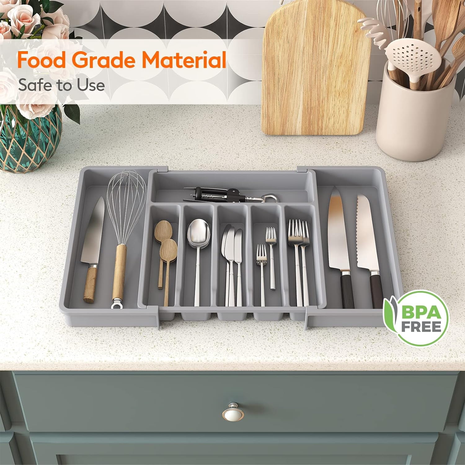 Silverware Drawer Organizer, Expandable Utensil Tray for Kitchen, BPA Free Flatware and Cutlery Holder, Adjustable Plastic Storage for Spoons Forks Knives, Large