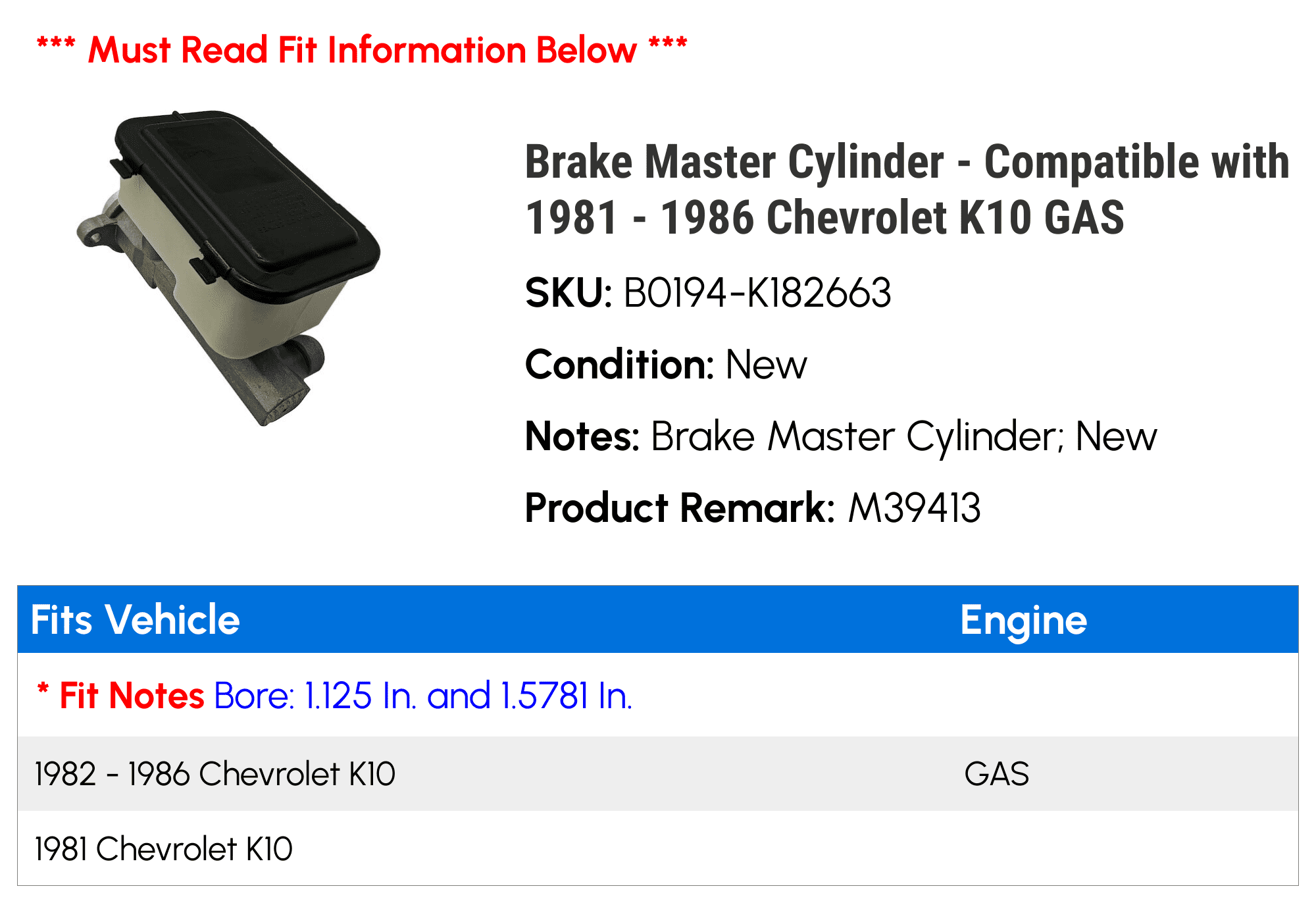 Brake Master Cylinder - Compatible with 1981 - 1986 Chevrolet K10 GAS - Replacement