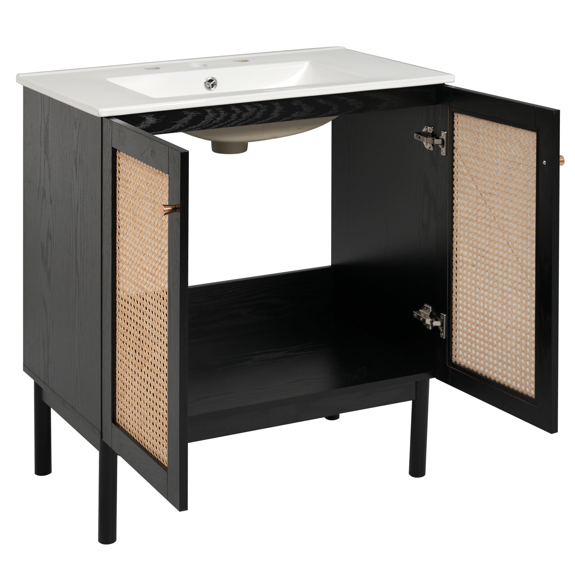 viswild 30" Bathroom Vanity with Handwoven Rattan Doors, Soft Close Ceramic Sink, Gold Accents - Solid Bamboo for Small Spaces, Black