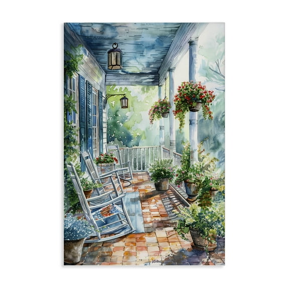 Stupell Industries Potted Geraniums Porch Buildings & Architecture Painting Wrapped Canvas Art Print Wall Art, 16 x 24