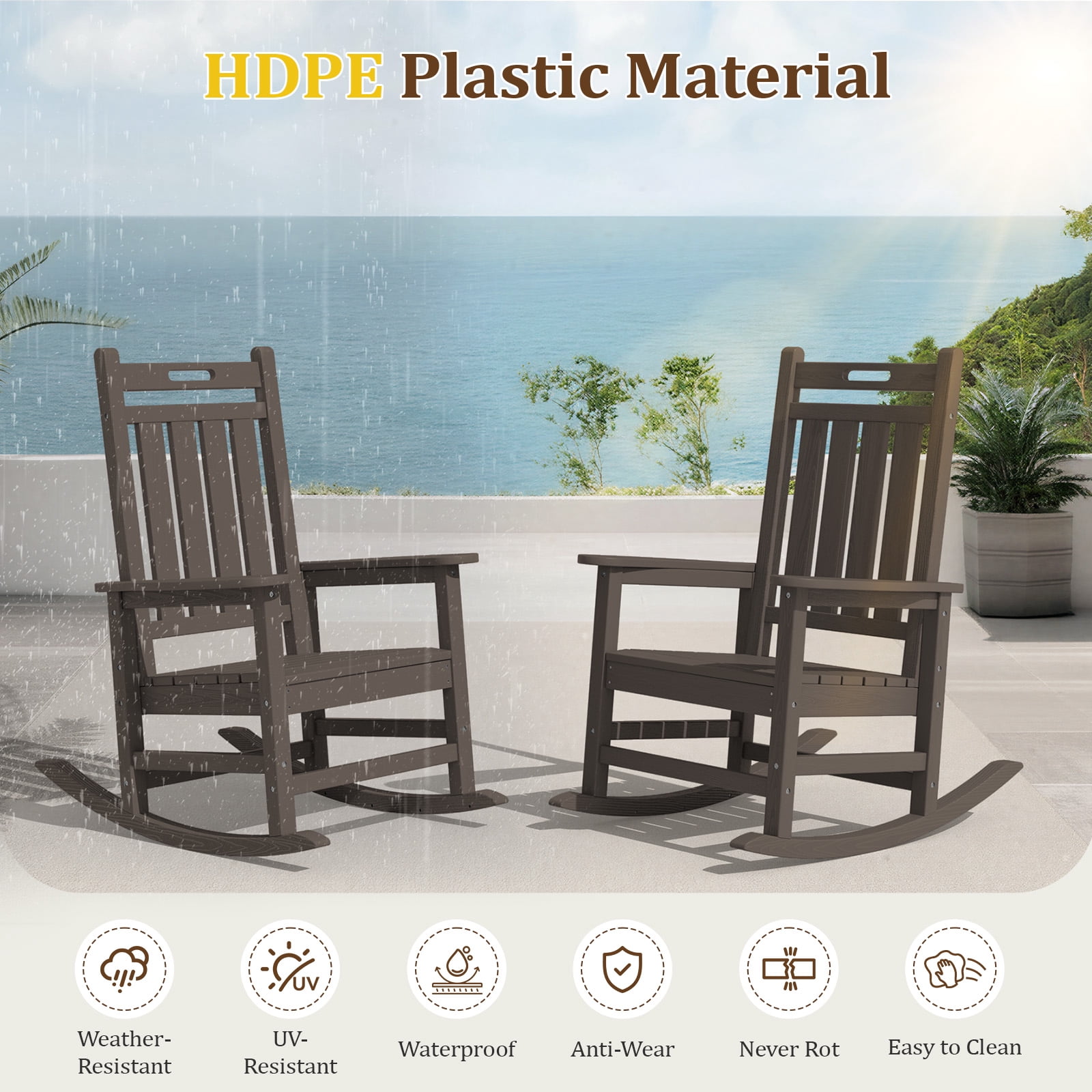 LOYALICE HDPE Outdoor Rocking Chair for Porch Patio, All-Weather High Back Rocker with Wood-Grain Texture, Heavy-Duty Deck Garden Seating, Fade-Resistant & Easy to Clean,Coffee