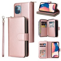 Feishell for Apple iPhone 14 Plus (6.7 inch) Wallet Case for Women Men,Premium PU Leather Magnetic Clasp Zipper 9 Card Slots Folio Flip Holder Shockproof Purse Phone Case with Wrist Strap,Rosegold