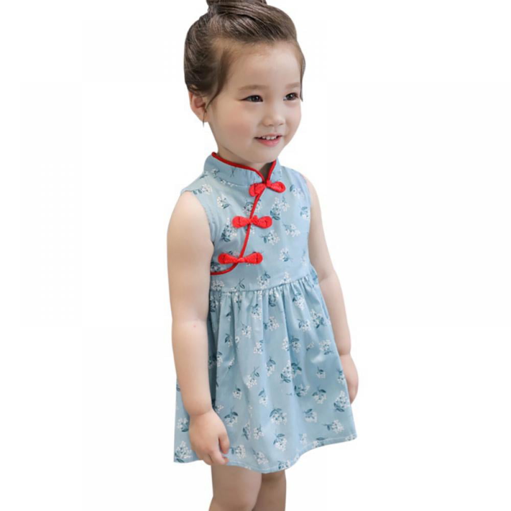 Waymine Kids Short Sleeve Floral Cheongsam Casual Princess Dresses for Baby Girl